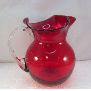 Vintage Hand Blown Ruby Red Glass Pitcher with Applied Clear Handle